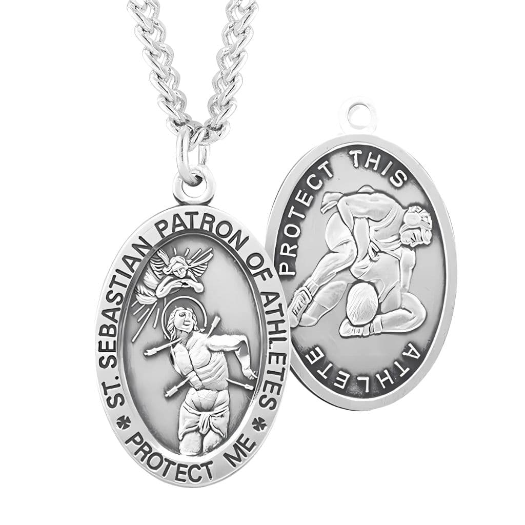 St. Sebastian Oval Sterling Silver Wrestling Medal Necklace - HMH ...