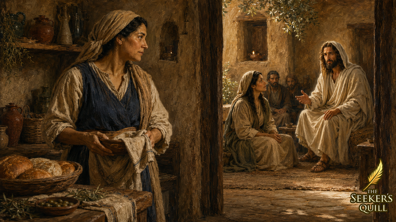 Masterpiece oil painting of Martha pausing in her kitchen as Mary sits at the feet of Jesus, listening to His teaching.