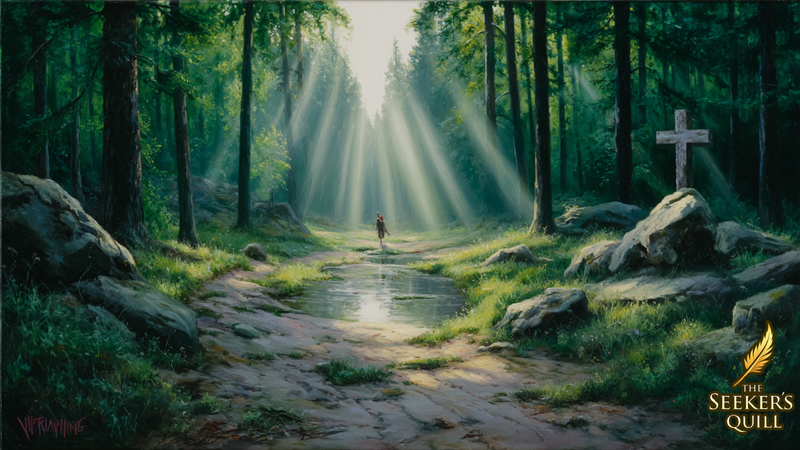 Majestic forest scene with sunlight filtering through trees, a cross, and a person walking.