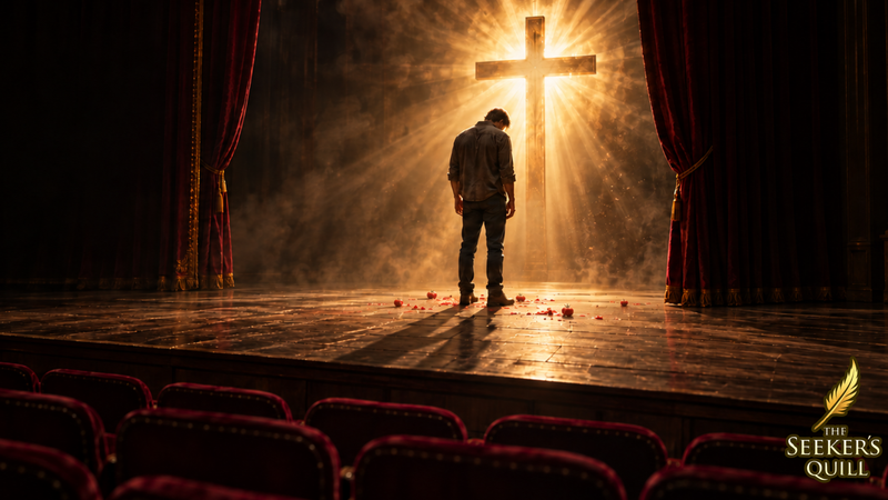 A man stands with his head bowed on a theater stage beneath a glowing cross, with tomatoes scattered at his feet and empty seats in the foreground.