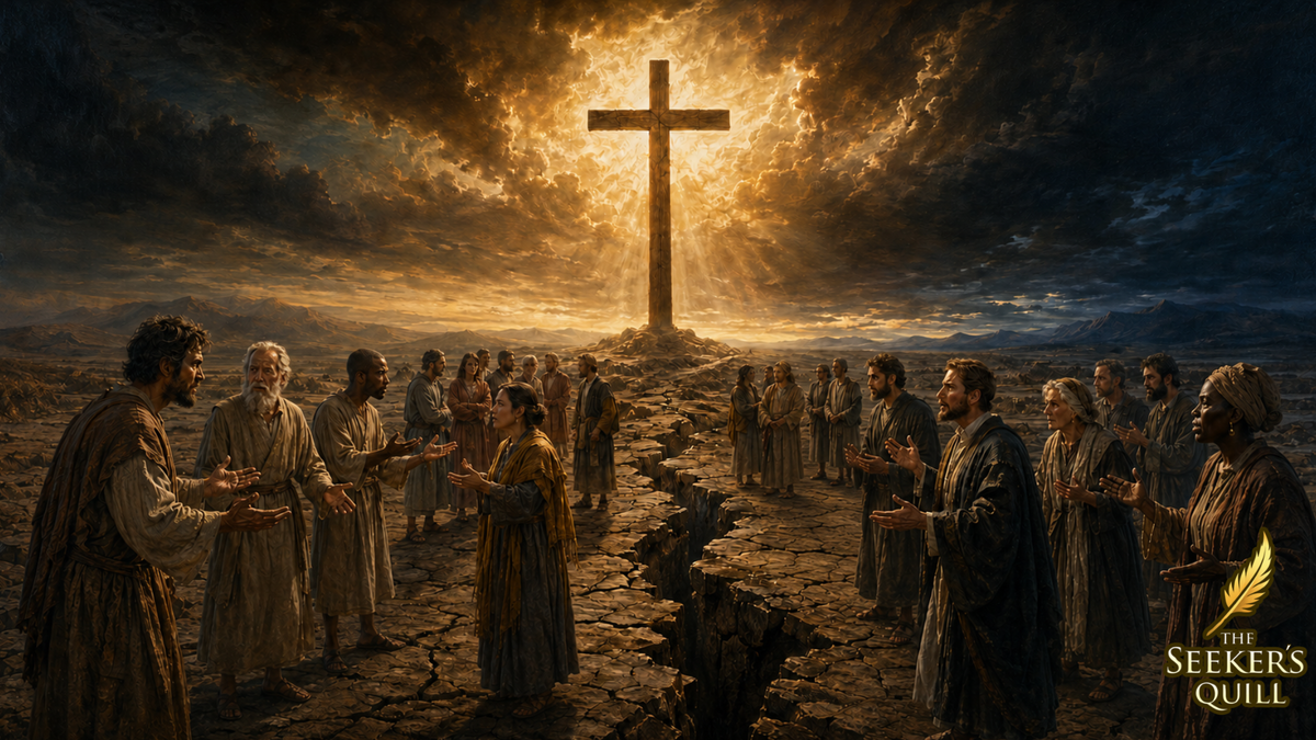 Old Masters-style oil painting of divided Christians standing on opposite sides of a deep crack, while a radiant cross shines above them as a symbol of unity in Christ.