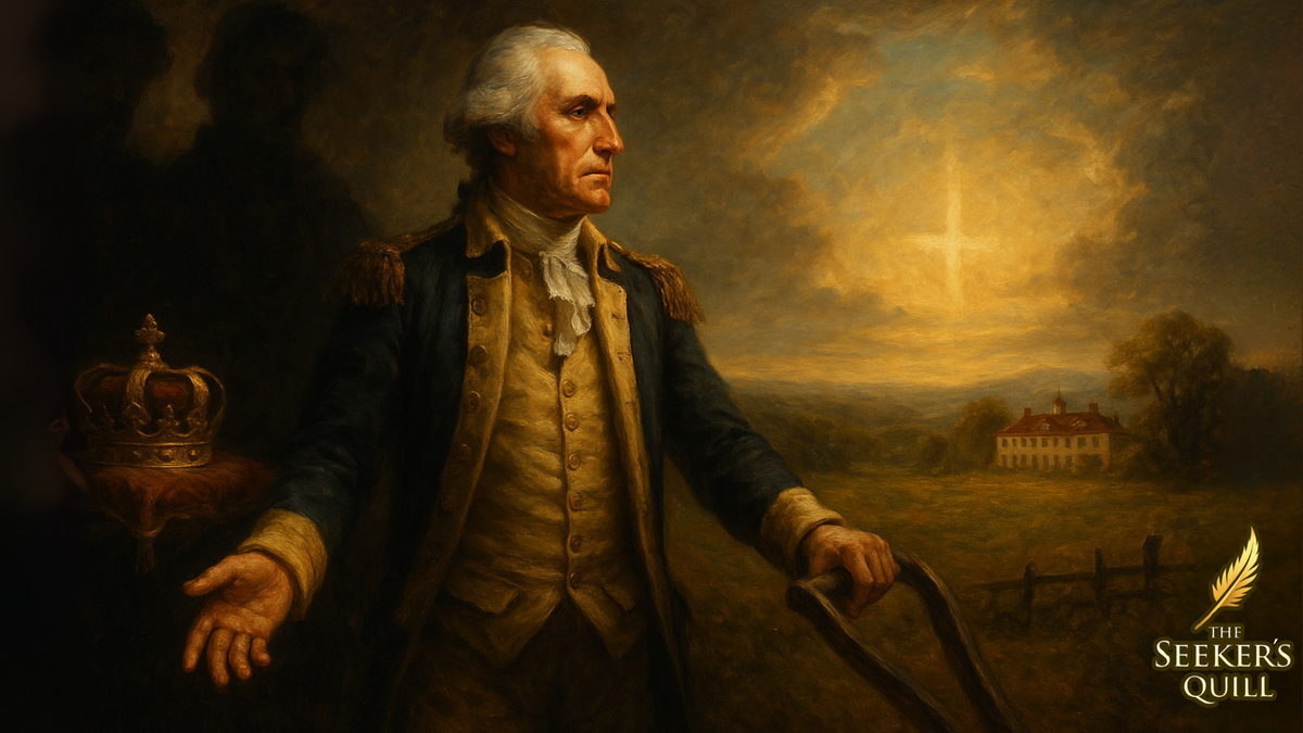 Portrait of a George Washington's with a landscape in the background, featuring a crown and Mount Vernon’s fields bathed in warm light