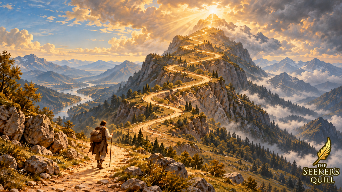 Old Masters-style oil painting of a lone pilgrim following a golden winding mountain road toward a radiant summit, symbolizing trust in God’s timing and guidance.