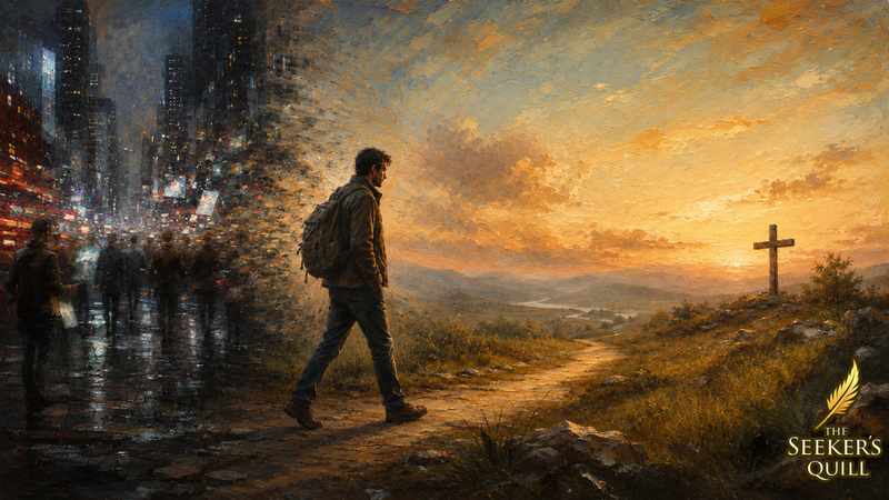 A weary man leaves a crowded, glowing city and walks toward a peaceful sunrise landscape with a wooden cross. by The Seekers Quill