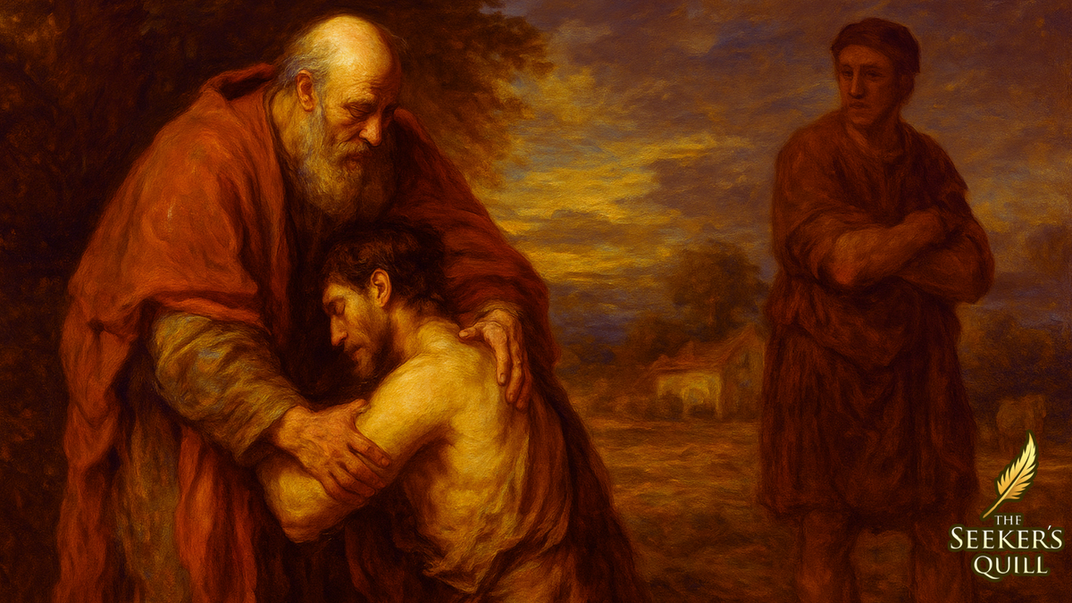Painting of a Father embracing His Prodigal Son with his other Son observing, set against a sunset sky.