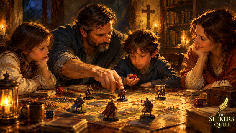 Masterpiece oil painting of a family gathered around a board game, with a father guiding his son as he holds the dice, surrounded by warm candlelight and a Christian cross in the background