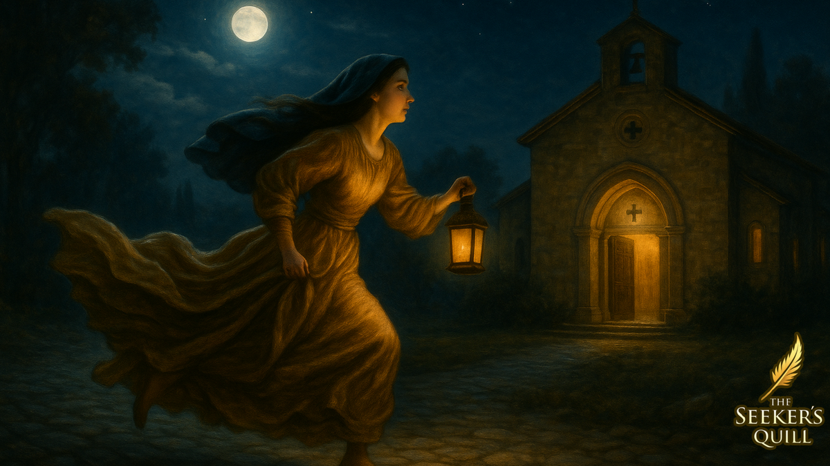 Saint Clare in a yellow dress running towards a lit church at night