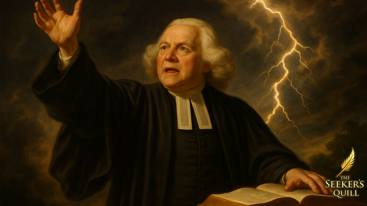 George Whitefield in a dark robe with a lightning bolt in the background, holding a Bible.