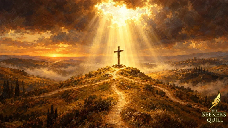 Oil painting of three paths meeting at a cross on a hill as heavenly light breaks through the clouds at sunrise.