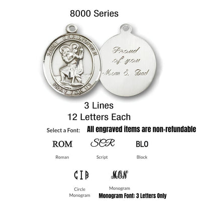Engraving reference for 8000 Series medals showing front and back views with a sample personalized message. Engraving supports 3 lines with up to 12 letters per line. Five font styles to choose from: Roman, Script, Block, Circle Monogram, and Monogram (3 letters only).