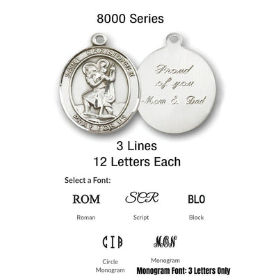 Engraving reference for 8000 Series medals showing front and back views with a sample personalized message. Engraving supports 3 lines with up to 12 letters per line. Five font styles to choose from: Roman, Script, Block, Circle Monogram, and Monogram (3 letters only).