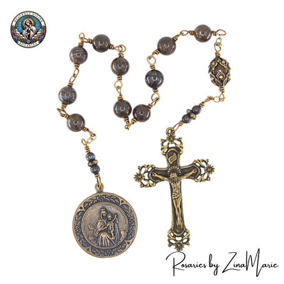 Handmade Our Lady of Mt. Carmel Pocket Bronze Wire-Wrapped Rosary by Zina Marie with Bronzite Beads, Heavenly Divine Rosaries