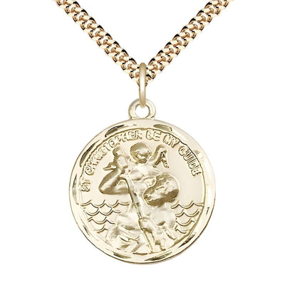 St. Christopher and Child Jesus 14kt Gold-filled Round Medal Pendant with Gold-plated Chain, Measures 1-inch tall by 7/8-inch wide, Bliss Manufacturing