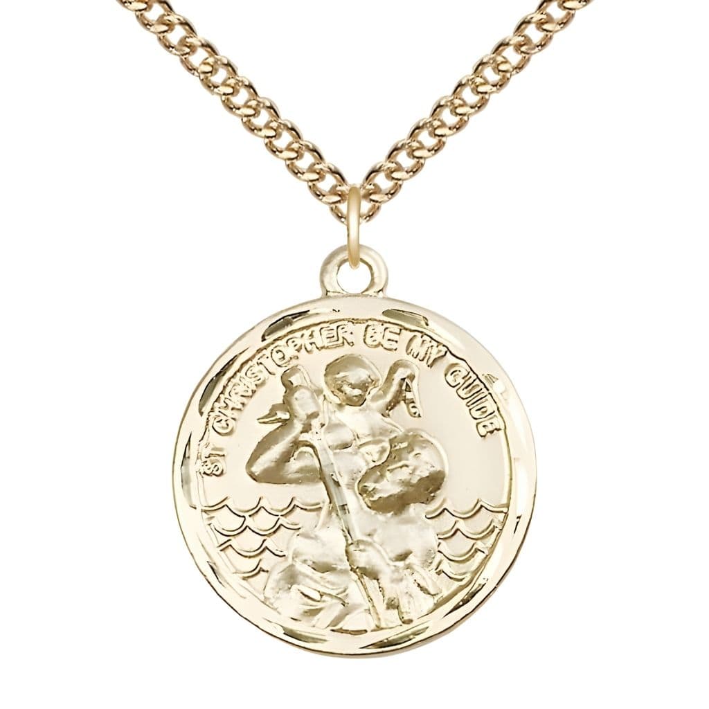 St. Christopher and Child Jesus 14kt Gold-filled Round Medal Pendant with Gold-filled Chain, Made in USA by Bliss, Measures 1-inch tall by 7/8-inch wide.
