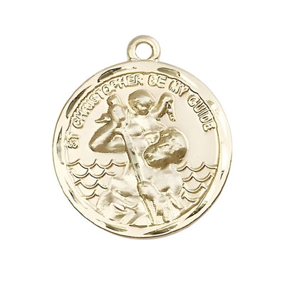 St. Christopher and Child Jesus 14kt Gold Round Medal Pendant, Measures 1-inch tall by 7/8-inch wide, Bliss Manufacturing