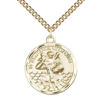 St. Christopher and Child Jesus 14kt Gold Round Medal Pendant with 14kt Gold Chain, Measures 1-inch tall by 7/8-inch wide, Bliss Manufacturing
