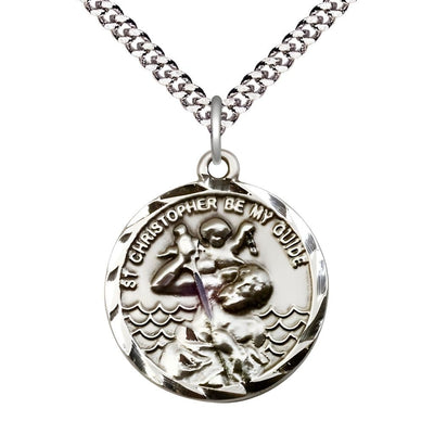 St. Christopher and Child Jesus Sterling Silver Round Medal Pendant with Rhodium-plated Chain, Measures 1-inch tall by 7/8-inch wide, Bliss Manufacturing