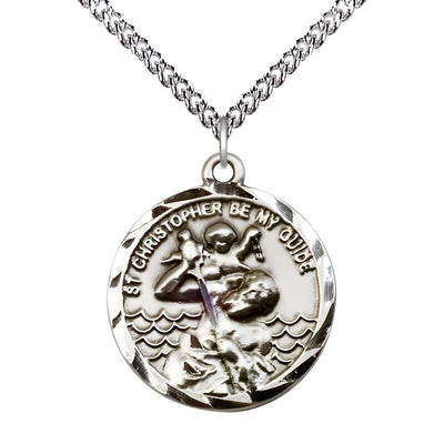St. Christopher and Child Jesus Sterling Silver Round Medal Pendant with Sterling Chain, Measures 1-inch tall by 7/8-inch wide, Bliss Manufacturing