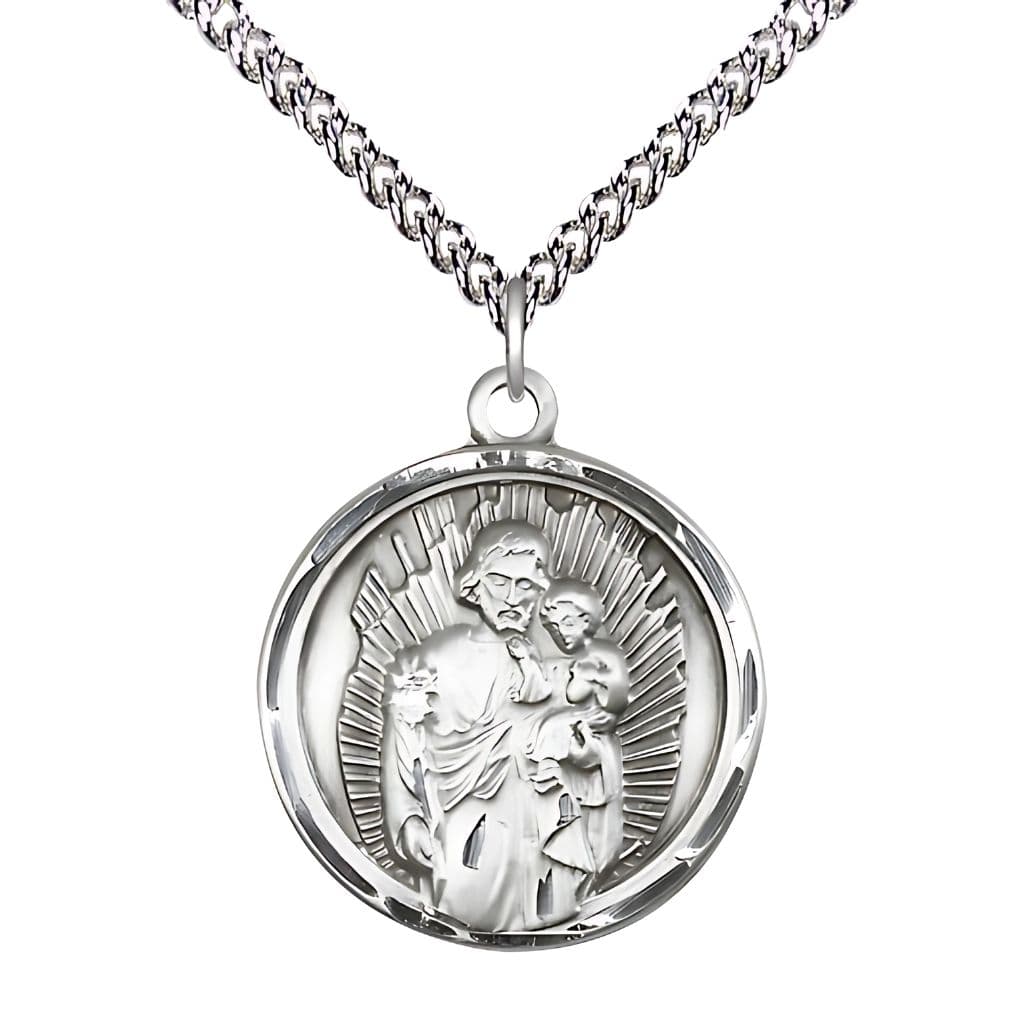 Bliss St. Joseph Round Sterling Silver Medal Necklace with Sterling Silver Chain, 1-inch,