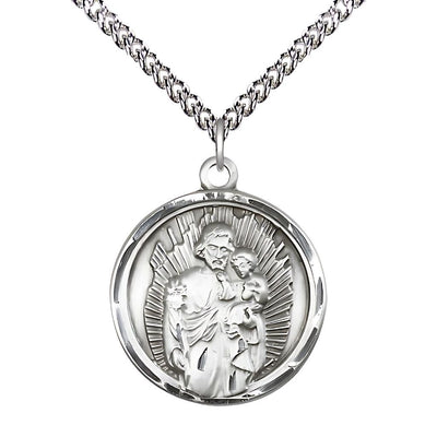 St. Joseph Round Sterling Silver Medal Necklace with Sterling Silver Chain, 1-inch, Bliss Manufacturing
