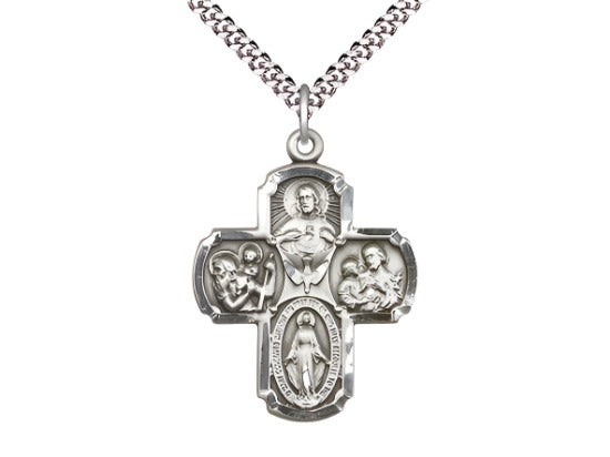 Large Spanish 5-Way Cross Medal Necklace w/Plated Chain,