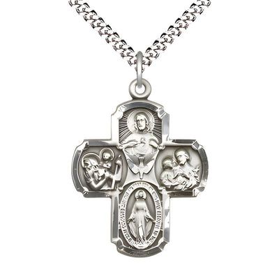 Large Spanish 5-Way Cross Medal Necklace W/Plated Chain, pewter, Bliss Manufacturing