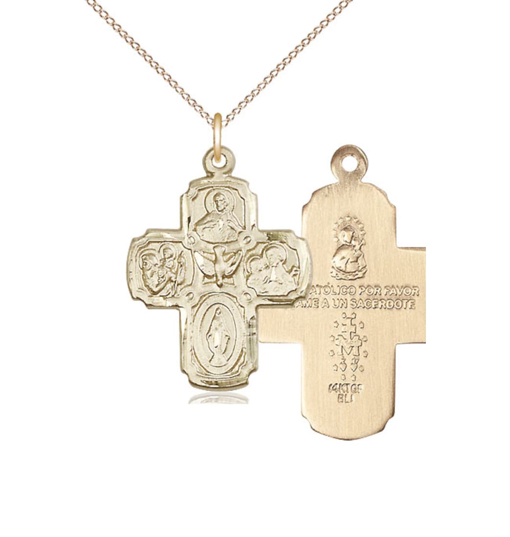 Bliss Spanish Medium 5-Way Cross Holy Spirit Gold-filled Medal Necklace with Gold-filled Chain,