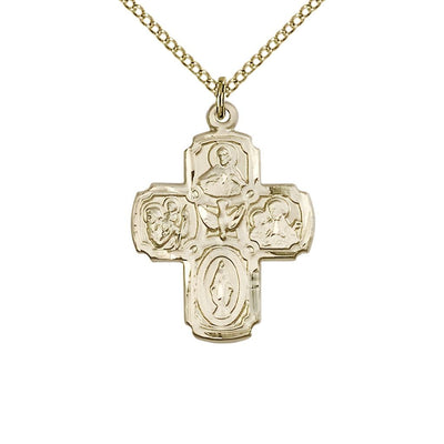 Spanish Medium 5-Way Cross Holy Spirit 14kt Gold Medal With 14kt Gold Chain, Bliss Manufacturing