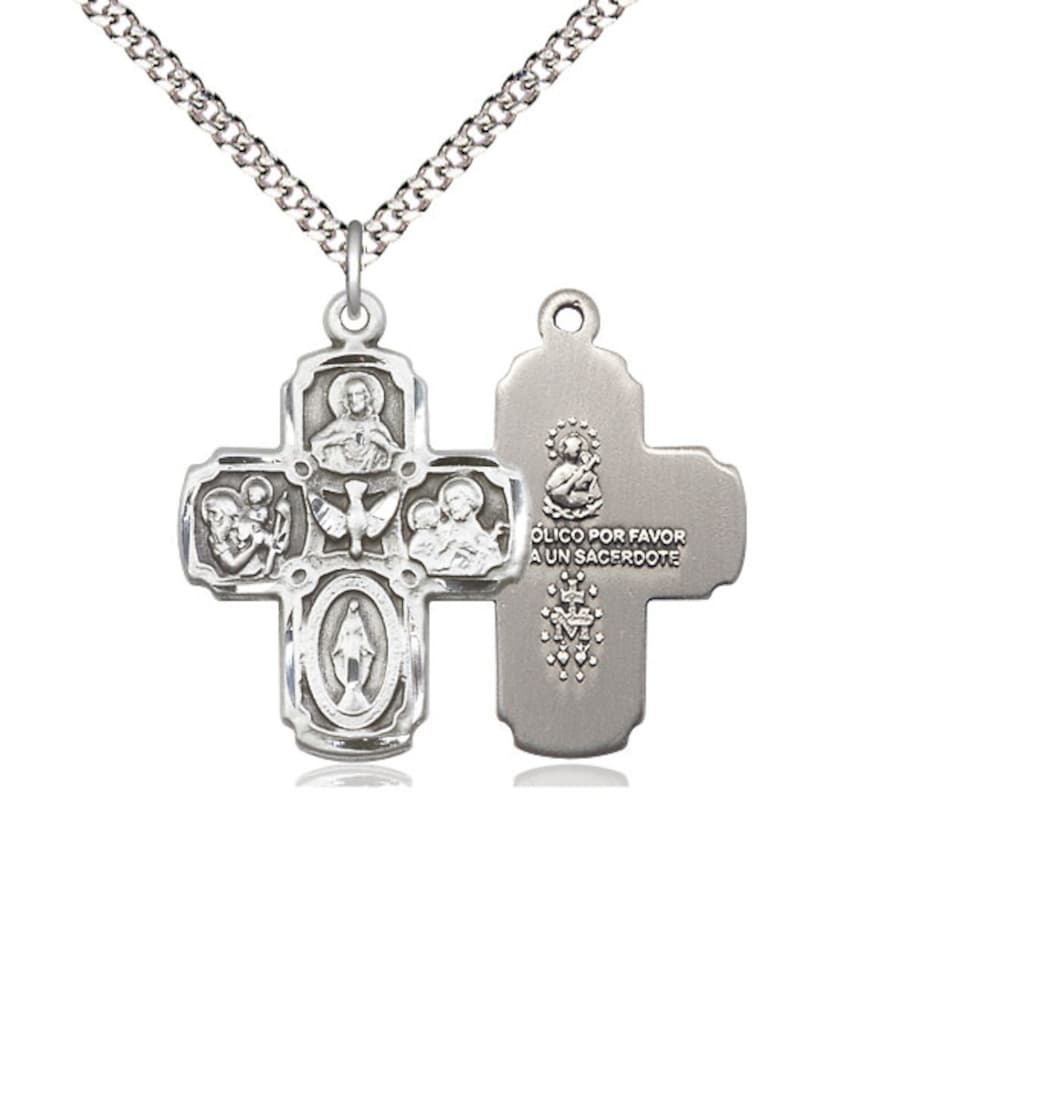 Bliss Spanish Medium 5-Way Cross Holy Spirit Pewter Medal Necklace with Plated Chain,