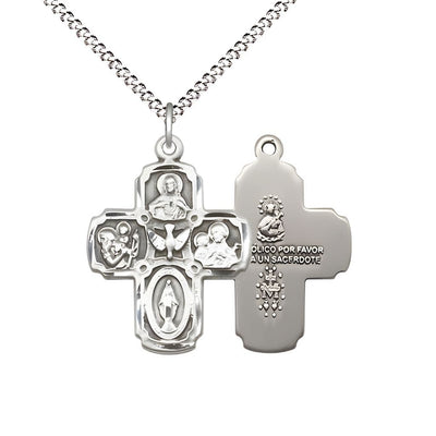 Spanish Medium 5-Way Cross Holy Spirit Pewter Medal Necklace With Plated Chain, Bliss Manufacturing
