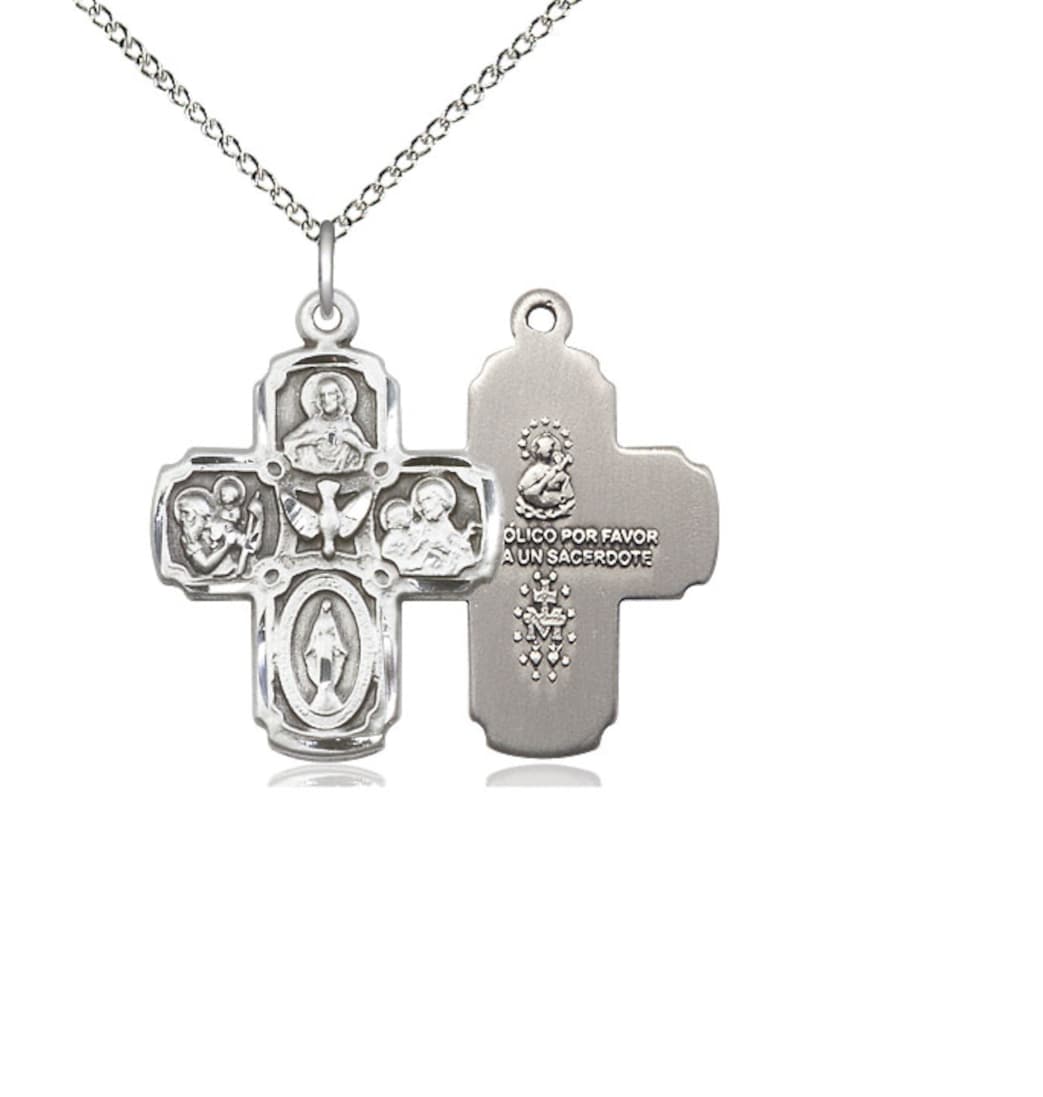 Bliss Spanish Medium 5-Way Cross Holy Spirit Pewter Medal Necklace with Sterling Chain,