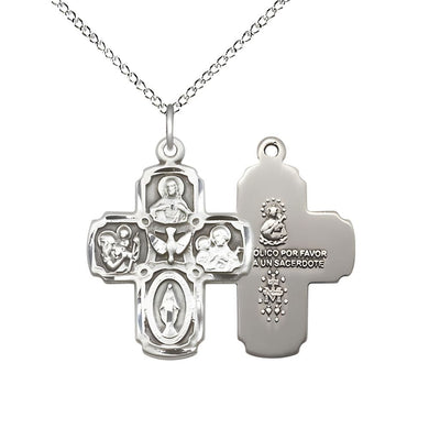 Spanish Medium 5-Way Cross Holy Spirit Pewter Medal Necklace With Sterling Chain, Bliss Manufacturing