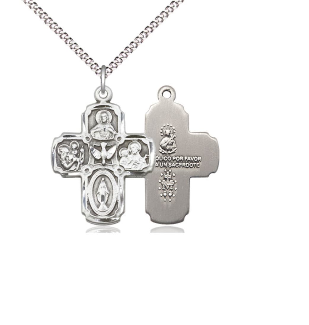 Bliss Spanish Medium 5-Way Cross Holy Spirit Sterling Silver Medal Necklace,