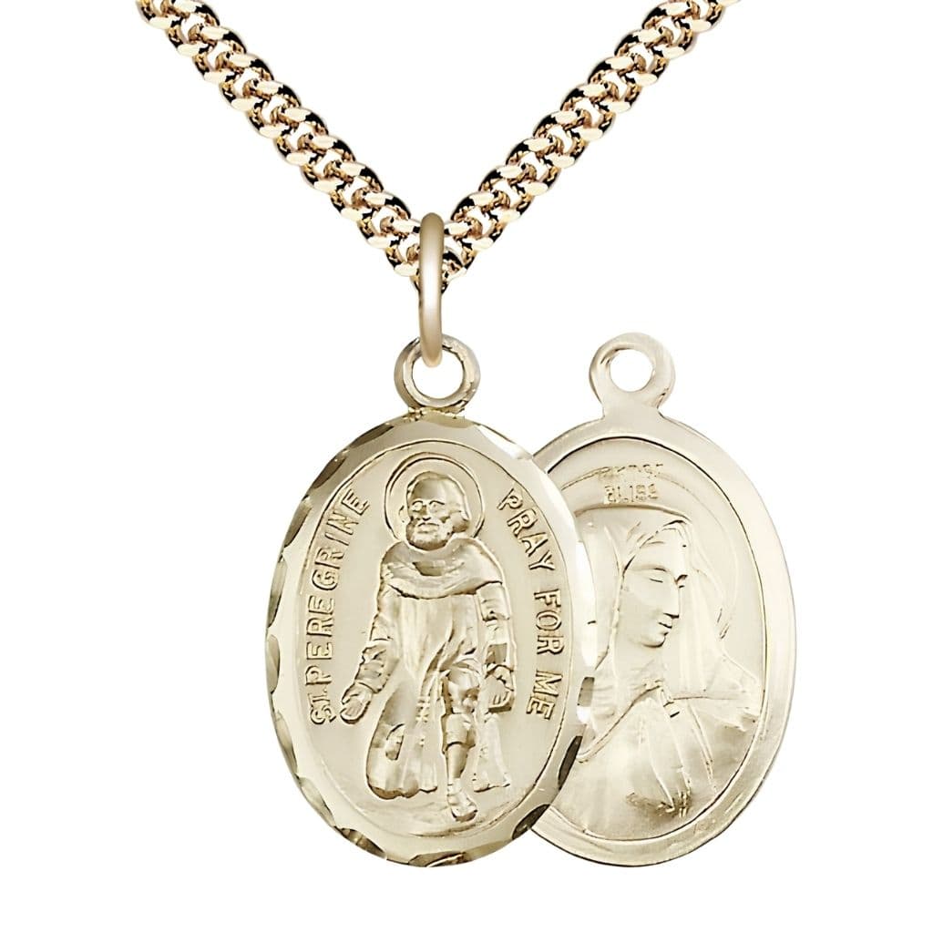 Bliss St. Peregrine Laziosi and Mary 14kt Gold-filled Oval Medal Pendant with Gold-plated Chain, Measures Measures 1-inch tall by 5/8-inch wide wide. Deluxe Gift Box.