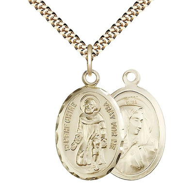 St. Peregrine Laziosi and Mary 14kt Gold-filled Oval Medal Pendant with Gold-plated Chain, Measures Measures 1-inch tall by 5/8-inch wide wide. Deluxe Gift Box, Bliss Manufacturing