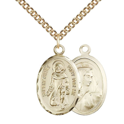 St. Peregrine Laziosi and Mary 14kt Gold-filled Oval Medal Pendant with Gold-filled Chain, Measures Measures 1-inch tall by 5/8-inch wide wide. Deluxe Gift Box, Bliss Manufacturing