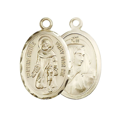 St. Peregrine Laziosi and Mary 14kt Gold Oval Medal Pendant, Measures Measures 1-inch tall by 5/8-inch wide wide. Deluxe Gift Box, Bliss Manufacturing