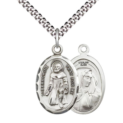 St. Peregrine Laziosi and Mary Sterling Silver Oval Medal Pendant with Rhodium-plated Chain, Measures Measures 1-inch tall by 5/8-inch wide wide. Deluxe Gift Box, Bliss Manufacturing