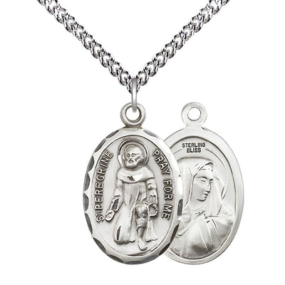 St. Peregrine Laziosi and Mary Sterling Silver Oval Medal Pendant with Sterling Silver Chain, Measures Measures 1-inch tall by 5/8-inch wide wide. Deluxe Gift Box, Bliss Manufacturing