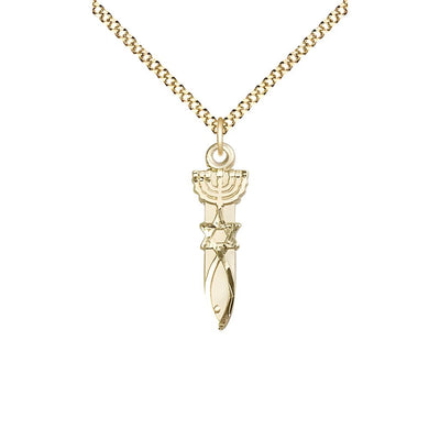 Menorah Star Fish 14kt Gold-filled Medal Necklace with Gold-plated Chain, Medal Measures 3/4-inch tall by 1/4-inch wide, Bliss Manufacturing