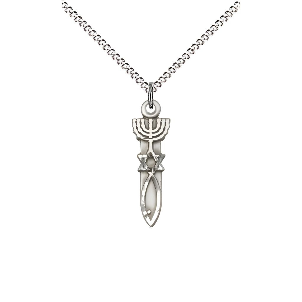 Bliss Menorah Star Fish Sterling Silver Medal Necklace with Rhodium-plated Chain, Medal Measures 3/4-inch tall by 1/4-inch wide