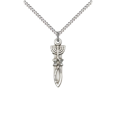 Menorah Star Fish Sterling Silver Medal Necklace with Rhodium-plated Chain, Medal Measures 3/4-inch tall by 1/4-inch wide, Bliss Manufacturing