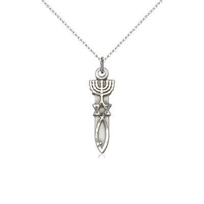 Menorah Star Fish Sterling Silver Medal Necklace with Sterling Silver Chain, Medal Measures 3/4-inch tall by 1/4-inch wide, Bliss Manufacturing