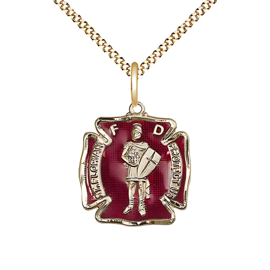 Bliss Red St. Florian 14kt Gold-filled Maltese Cross Medal Necklace with Gold-plated Light Curb Chain.