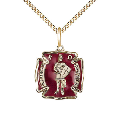 Red St. Florian 14kt Gold-filled Maltese Cross Medal Necklace with Gold-plated Light Curb Chain, Bliss Manufacturing