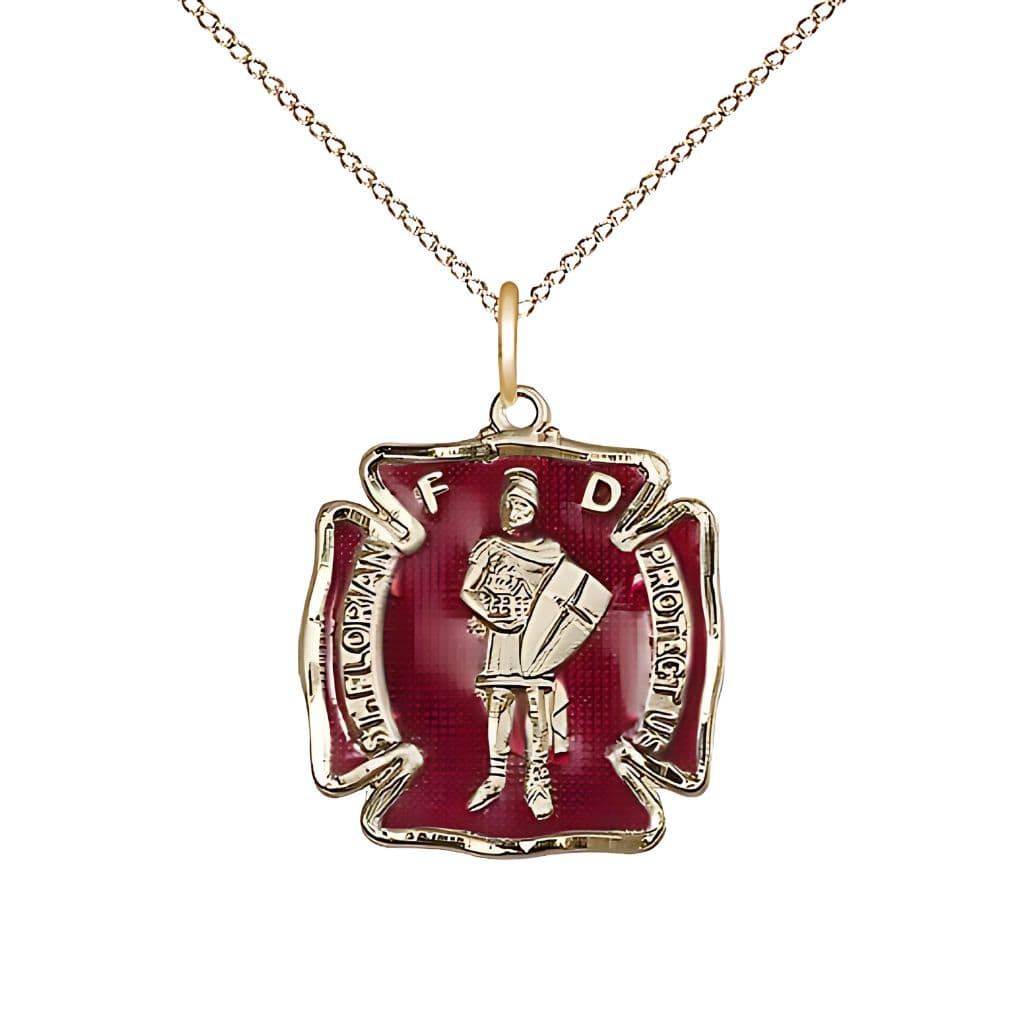 Bliss Red St. Florian 14kt Gold-filled Maltese Cross Medal Necklace with Gold-filled Light Curb Chain.
