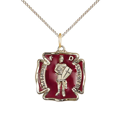 Red St. Florian 14kt Gold-filled Maltese Cross Medal Necklace with Gold-filled Light Curb Chain, Bliss Manufacturing