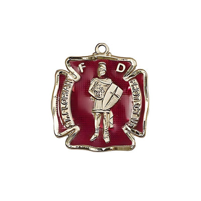 Red St. Florian 14kt Gold Maltese Cross Medal, Measures 3/4-inch tall by 5/8-inch wide, Bliss Manufacturing