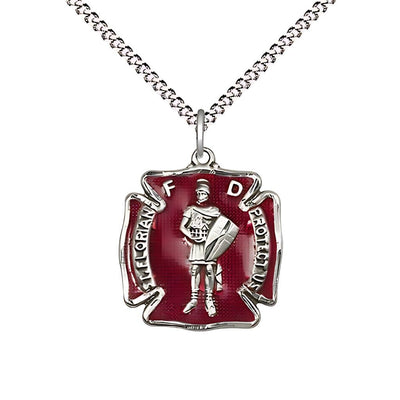 Red St. Florian Sterling Silver Maltese Cross Medal Necklace with Rhodium-plated Light Curb Chain, Bliss Manufacturing