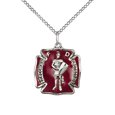 Red St. Florian Sterling Silver Maltese Cross Medal Necklace with Sterling Silver Light Curb Chain, Bliss Manufacturing